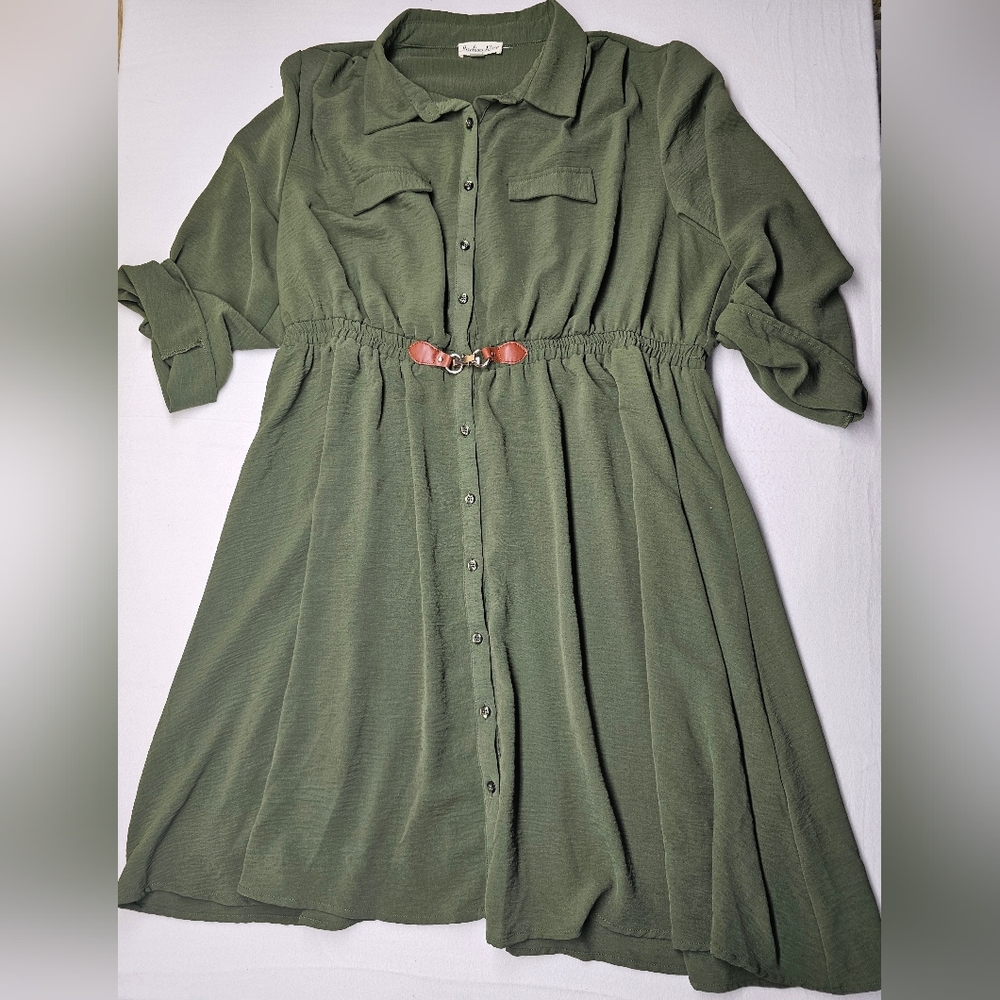 Indigo Rose Olive Button-Up‎ Dress with Belt